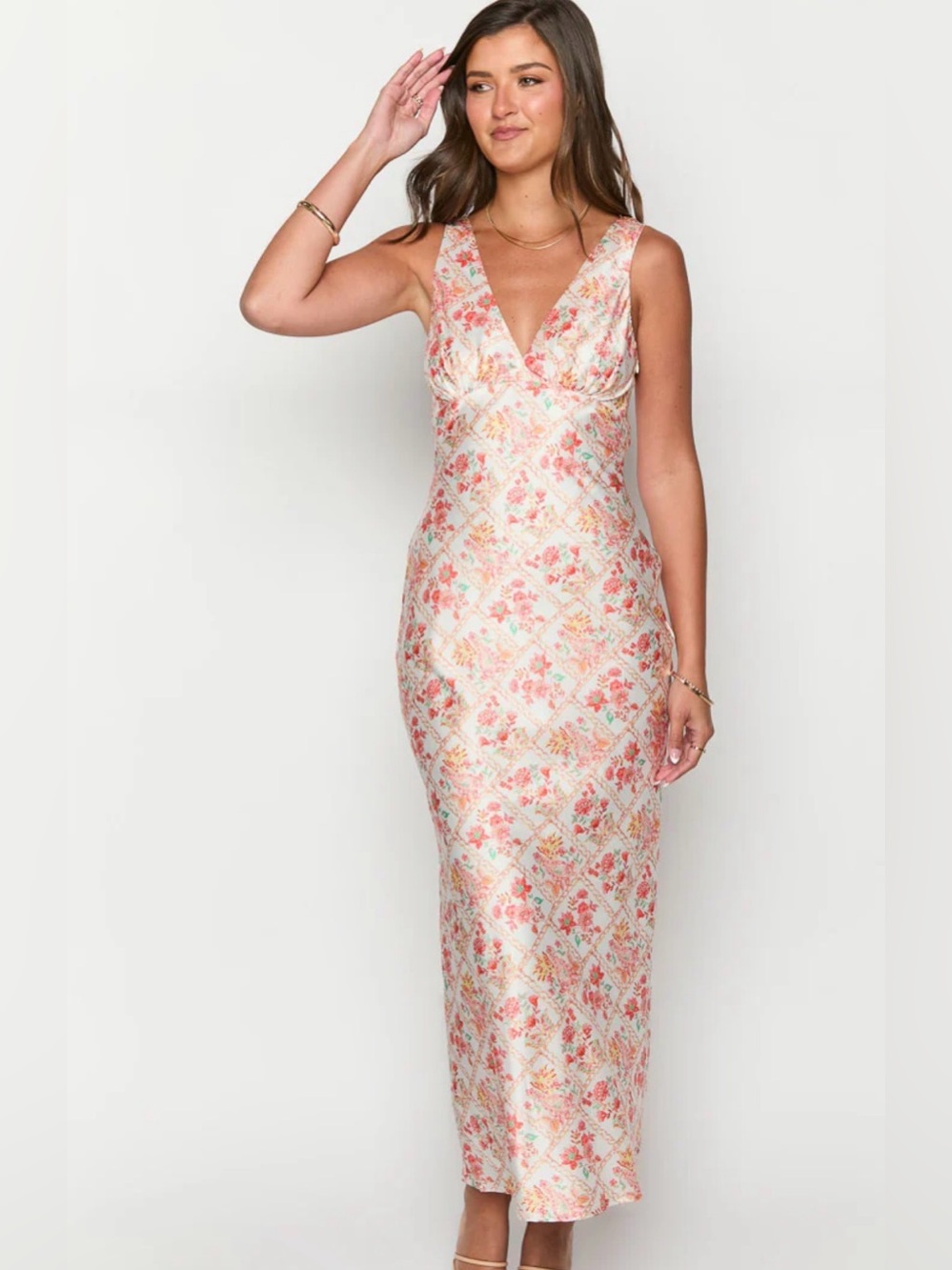 Beginning Boutique Pink Floral Satin V-Neck Maxi Dress